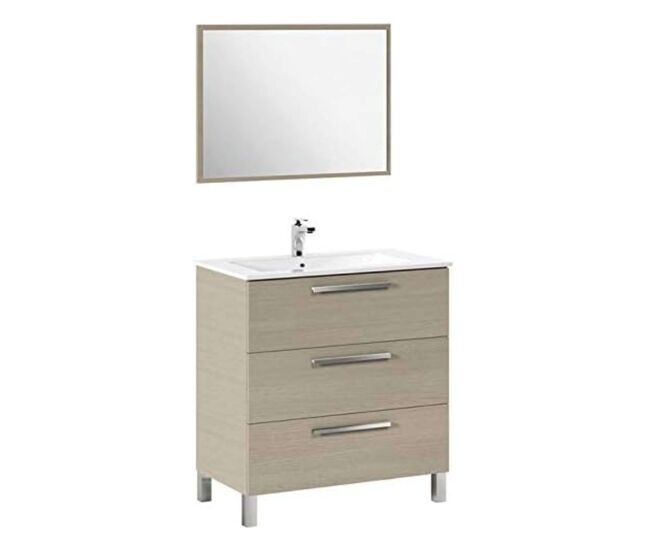 Mueble de baño taria estilo natural en color roble claro con 3 cajones, patas y espejo 80x86x45 cm (lavabo opcional)
