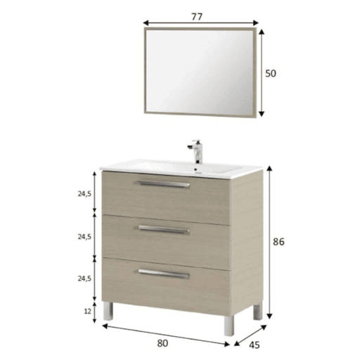 Móvel de banheiro Taria Natural Style em carvalho claro com 3 gavetas, pés e espelho 80x86x45 cm (pia de cerâmica)