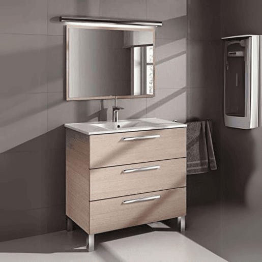 Móvel de banheiro Taria Natural Style em carvalho claro com 3 gavetas, pés e espelho 80x86x45 cm (pia de cerâmica)