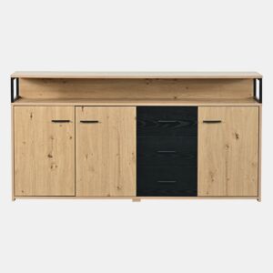 Aparador industrial efeito madeira com 3 portas e 3 gavetas de arrumação com puxador metálico 150x35x75,9cm