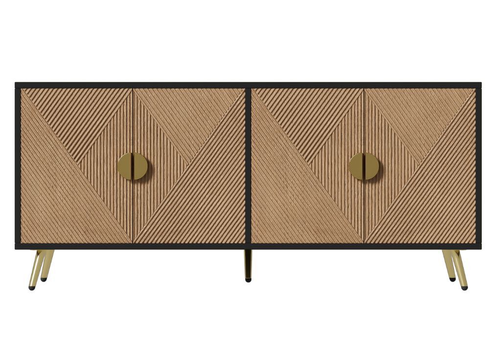 Elegante aparador efecto madera cepillada y negra con 4 puertas, tiradores y patas dorados 160*40*75 cm