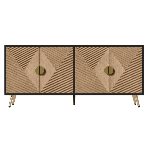 Elegante aparador em efeito madeira escovada e preta com 4 portas, puxadores e pés dourados 160*40*75 cm