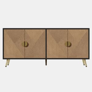 Elegante aparador em efeito madeira escovada e preta com 4 portas, puxadores e pés dourados 160*40*75 cm