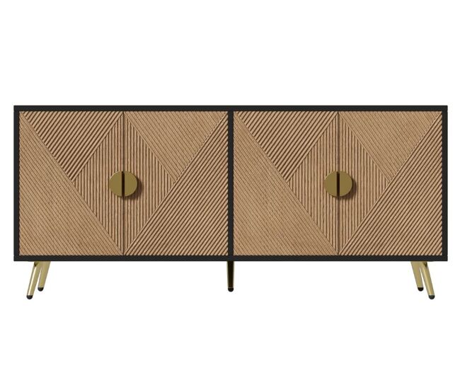 Elegante aparador efecto madera cepillada y negra con 4 puertas, tiradores y patas dorados 160*40*75 cm