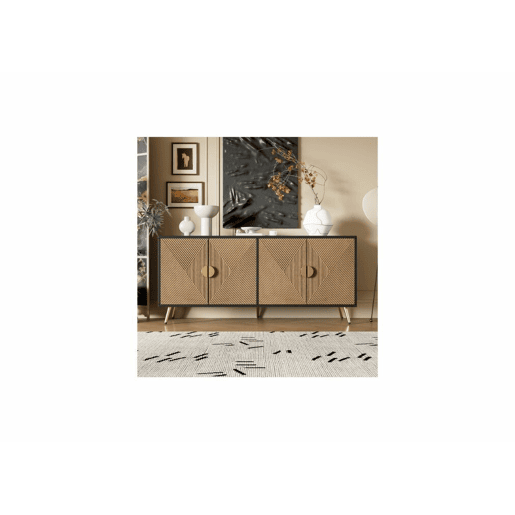 Elegante aparador em efeito madeira escovada e preta com 4 portas, puxadores e pés dourados 160*40*75 cm