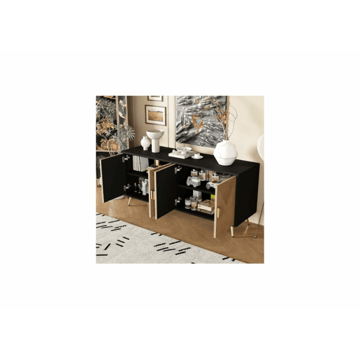 Elegante aparador em efeito madeira escovada e preta com 4 portas, puxadores e pés dourados 160*40*75 cm