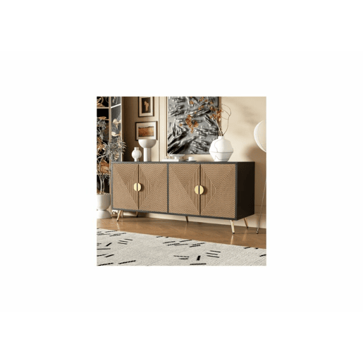 Elegante aparador em efeito madeira escovada e preta com 4 portas, puxadores e pés dourados 160*40*75 cm