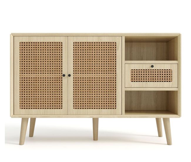 Aparador efecto madera de roble y tejido de ratán con 1 cajón y 2 puertas 120x40x80cm