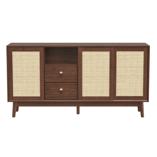 Aparador efeito madeira nogueira com 3 portas de correr em rattan e 2 gavetas 155x38x80cm