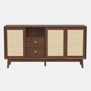 Aparador efeito madeira nogueira com 3 portas de correr em rattan e 2 gavetas 155x38x80cm