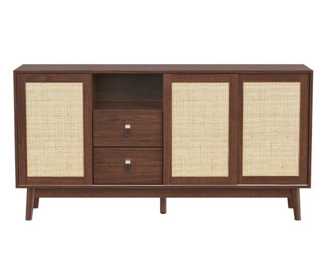 Aparador efecto madera de nogal con 3 puertas correderas de ratán y 2 cajones 155x38x80cm
