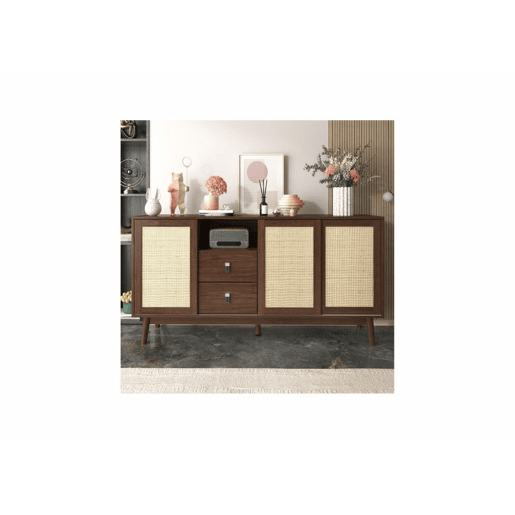 Aparador efeito madeira nogueira com 3 portas de correr em rattan e 2 gavetas 155x38x80cm