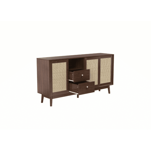 Aparador efeito madeira nogueira com 3 portas de correr em rattan e 2 gavetas 155x38x80cm