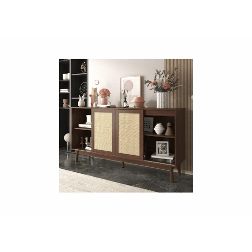 Aparador efeito madeira nogueira com 3 portas de correr em rattan e 2 gavetas 155x38x80cm