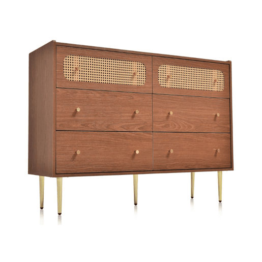 Cómoda vintage com 6 gavetas em vime, puxadores e pés dourados, 120*90*40cm