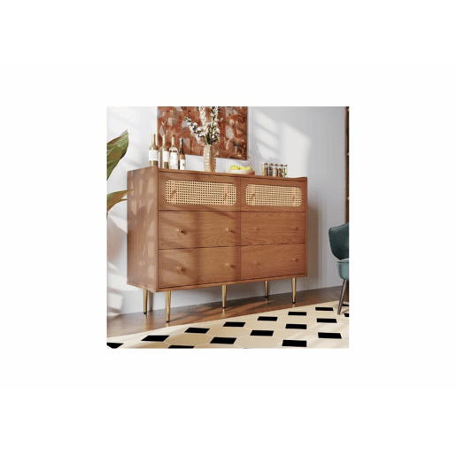 Cómoda vintage com 6 gavetas em vime, puxadores e pés dourados, 120*90*40cm
