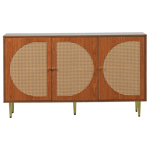 Aparador efeito madeira nogueira com 3 portas em rattan, puxadores, pés dourados 129,8x40x76cm