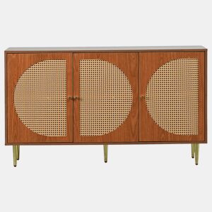 Aparador efeito madeira nogueira com 3 portas em rattan, puxadores, pés dourados 129,8x40x76cm