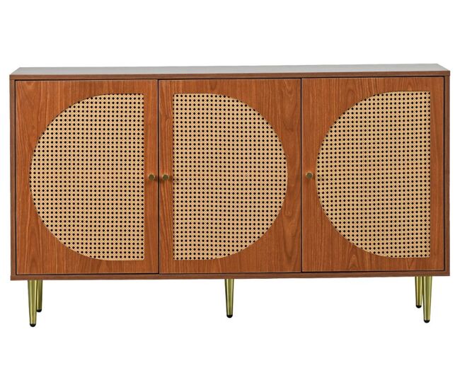 Aparador efecto madera de nogal con 3 puertas de ratán, tiradores, patas doradas 129,8x40x76cm