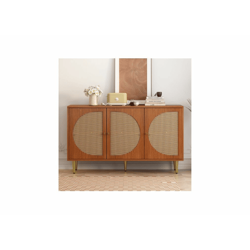 Aparador efeito madeira nogueira com 3 portas em rattan, puxadores, pés dourados 129,8x40x76cm