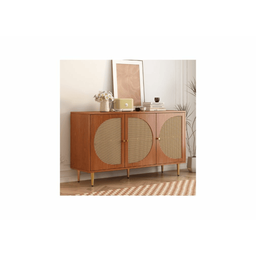Aparador efeito madeira nogueira com 3 portas em rattan, puxadores, pés dourados 129,8x40x76cm