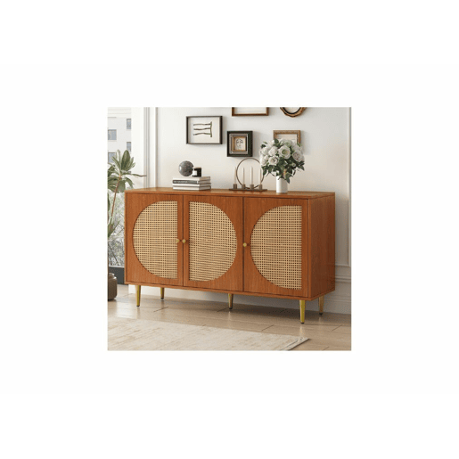 Aparador efeito madeira nogueira com 3 portas em rattan, puxadores, pés dourados 129,8x40x76cm