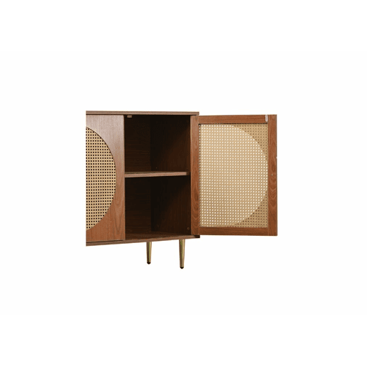 Aparador efeito madeira nogueira com 3 portas em rattan, puxadores, pés dourados 129,8x40x76cm