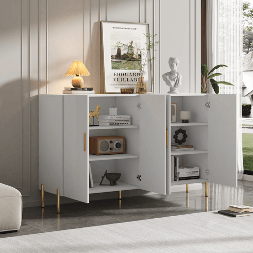 Aparador moderno multifunções branco mate 4 portas puxadores e pés dourados 160*35*100 cm