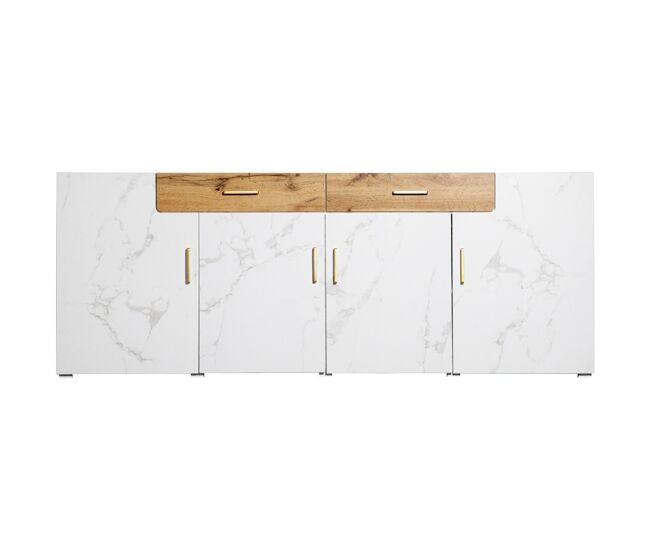 Aparador efecto mármol blanco 4 puertas 2 cajones 208x39,5x80cm