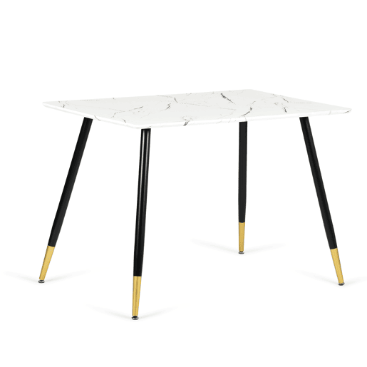 Mesa de jantar retangular estilo escandinavo efeito mármore branco com pernas pontilhadas douradas 110x70cm