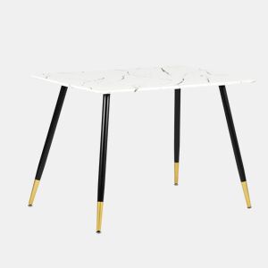 Mesa de jantar retangular estilo escandinavo efeito mármore branco com pernas pontilhadas douradas 110x70cm