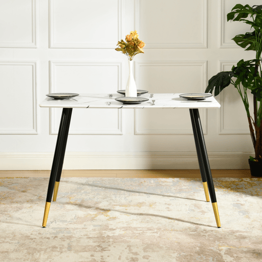 Mesa de jantar retangular estilo escandinavo efeito mármore branco com pernas pontilhadas douradas 110x70cm