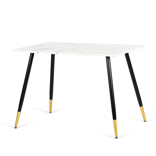 Mesa de jantar retangular estilo escandinavo efeito mármore branco com pernas pontilhadas douradas 110x70cm