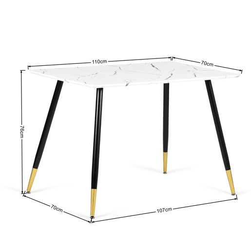 Mesa de jantar retangular estilo escandinavo efeito mármore branco com pernas pontilhadas douradas 110x70cm