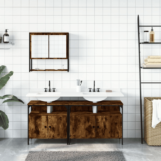 vidaXL 3 pcs conjunto de móveis WC madeira processada carvalho fumado vidaXL 3 pcs conjunto de móveis WC madeira processada carvalho fumado