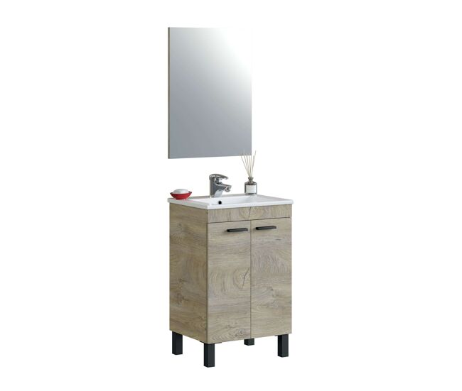 Mueble de baño ezio estilo natural en color roble alaska con espejo, 2 puertas y patas 50x80x50 cm (lavabo opcional)