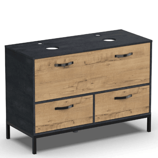 Móvel de banheiro duplo Sena estilo industrial em carvalho dourado e preto com 2 gavetas, 1 porta e pés 120x92x50 cm (sem pia)