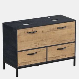 Móvel de banheiro duplo Sena estilo industrial em carvalho dourado e preto com 2 gavetas, 1 porta e pés 120x92x50 cm (sem pia)