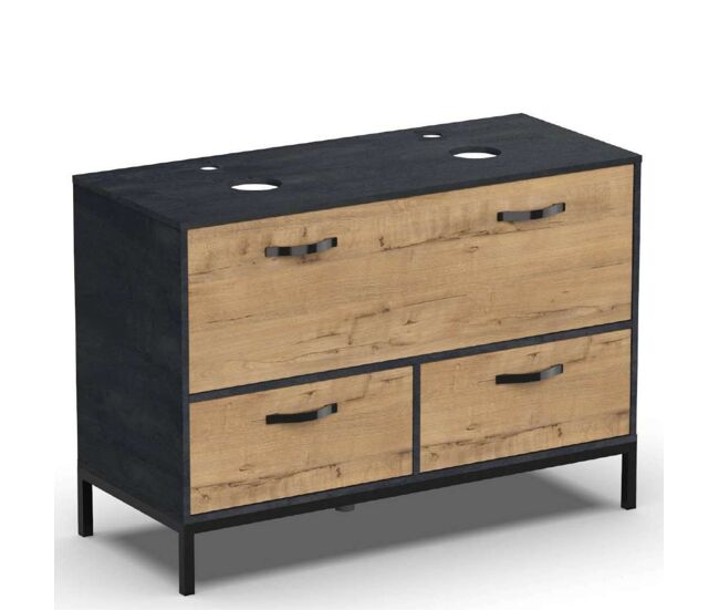 Mueble de baño doble sena estilo industrial en color roble gold y negro con 2 cajones, 1 puerta y patas 120x92x50 cm (lavabo opcional)