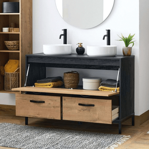 Móvel de banheiro duplo Sena estilo industrial em carvalho dourado e preto com 2 gavetas, 1 porta e pés 120x92x50 cm (sem pia)