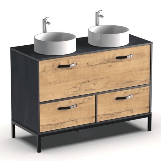 Móvel de banheiro duplo Sena estilo industrial em carvalho dourado e preto com 2 gavetas, 1 porta e pés 120x92x50 cm (sem pia)