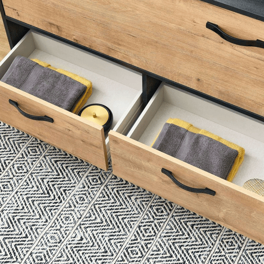 Móvel de banheiro duplo Sena estilo industrial em carvalho dourado e preto com 2 gavetas, 1 porta e pés 120x92x50 cm (sem pia)