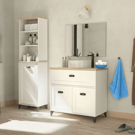 Armário de banheiro estilo nórdico Siena em branco suave e carvalho cambriano com 1 gaveta e 2 portas (sem pia)