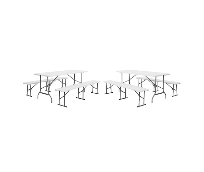Mesa de recepción plegable acero 2 bancos, set de 2 blanco - 180x69.5x73.5 cm