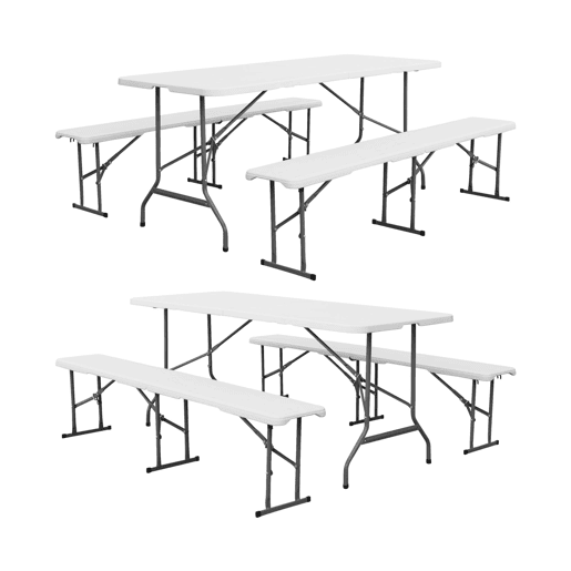 Mesa de recepção dobrável aço 2 bancos, set de 2, Fiesta set, Branco, 180x69.5x73.5 cm