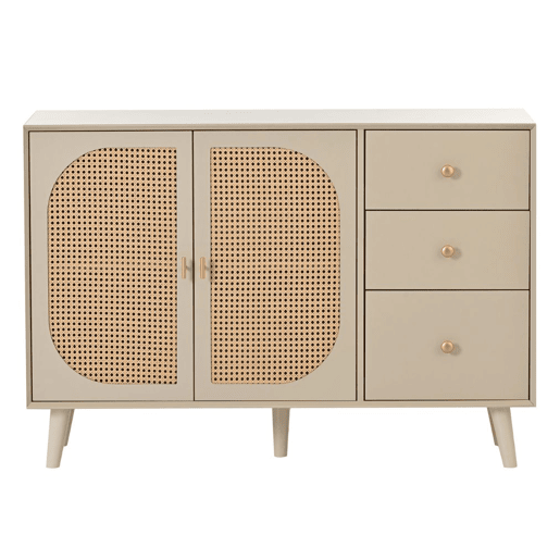 Aparador com efeito madeira clara com portas e gavetas creme off-white com puxadores dourados 120*40*82cm