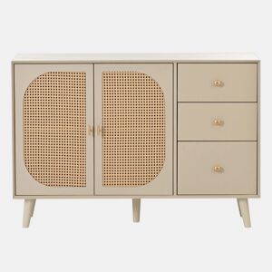 Aparador com efeito madeira clara com portas e gavetas creme off-white com puxadores dourados 120*40*82cm