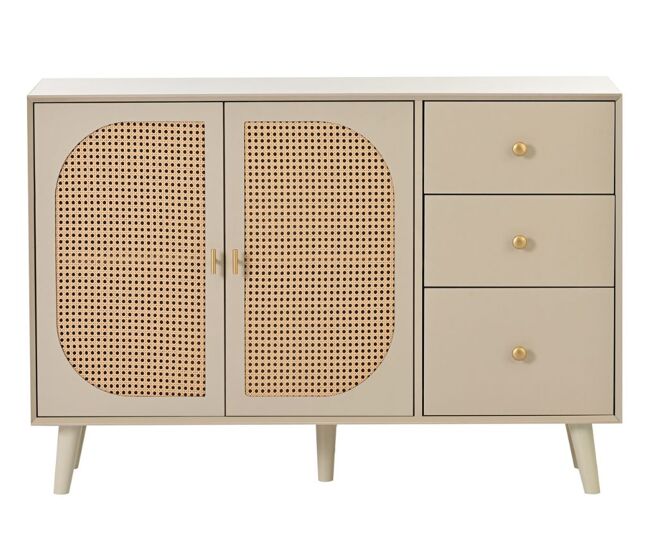 Aparador efecto madera clara con puertas y cajones color crema roto con tiradores dorados 120*40*82cm