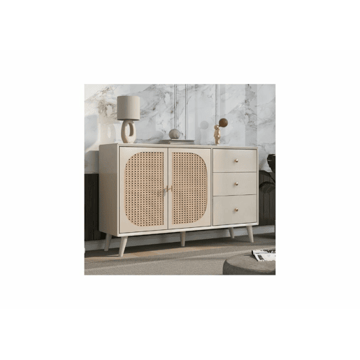 Aparador com efeito madeira clara com portas e gavetas creme off-white com puxadores dourados 120*40*82cm