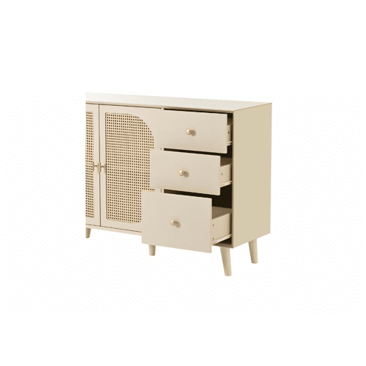 Aparador com efeito madeira clara com portas e gavetas creme off-white com puxadores dourados 120*40*82cm